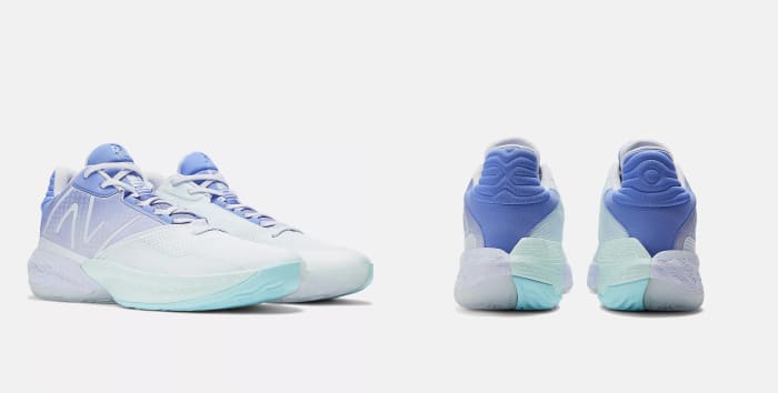 Side and rear view of blue and white New Balance basketball shoes.